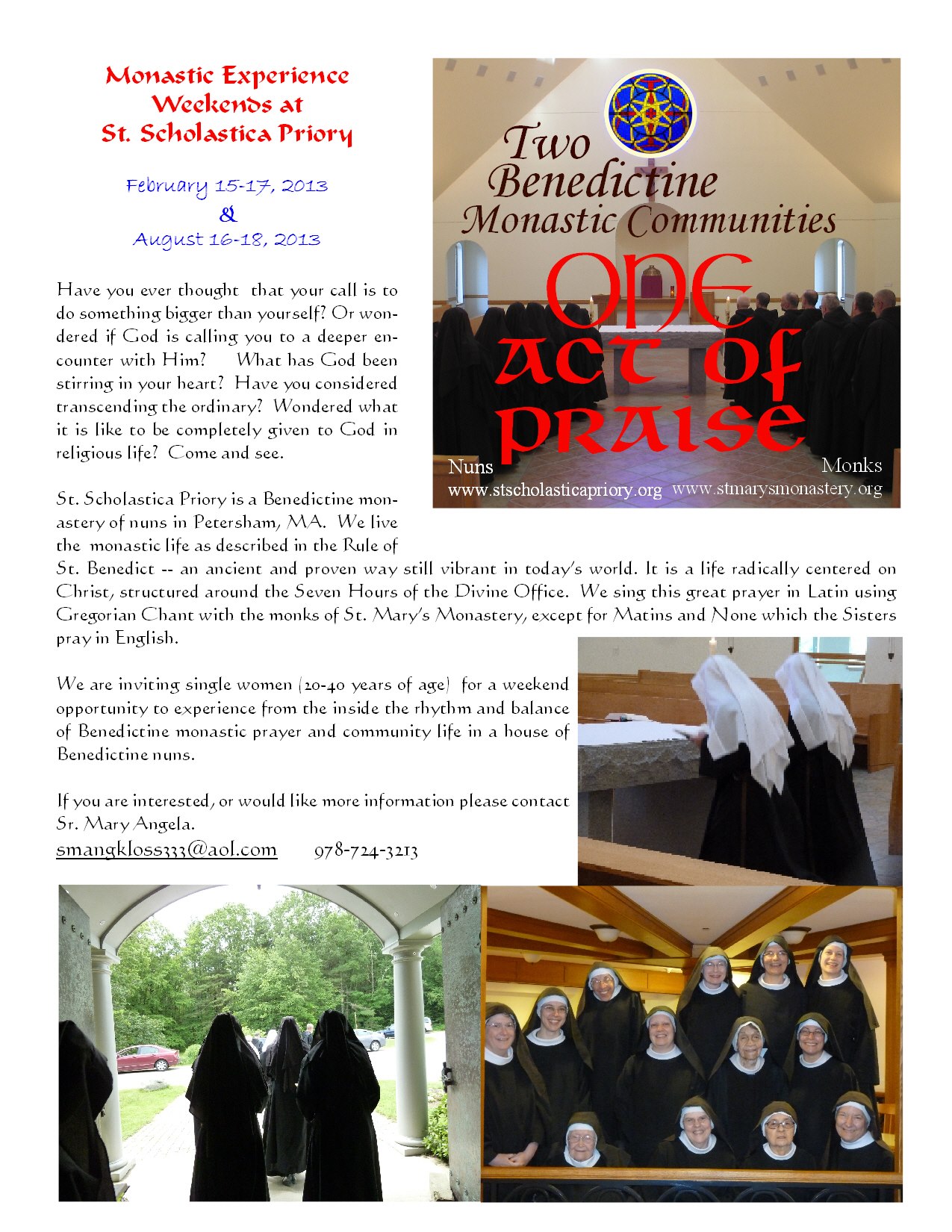 Saint Scholastica Priory (Petersham, MA) announce "Monastic Experience